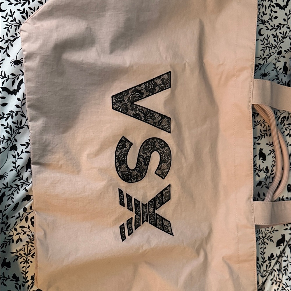 Victoria's Secret Pale Pink Tote with Black Lace-Pattern Logo